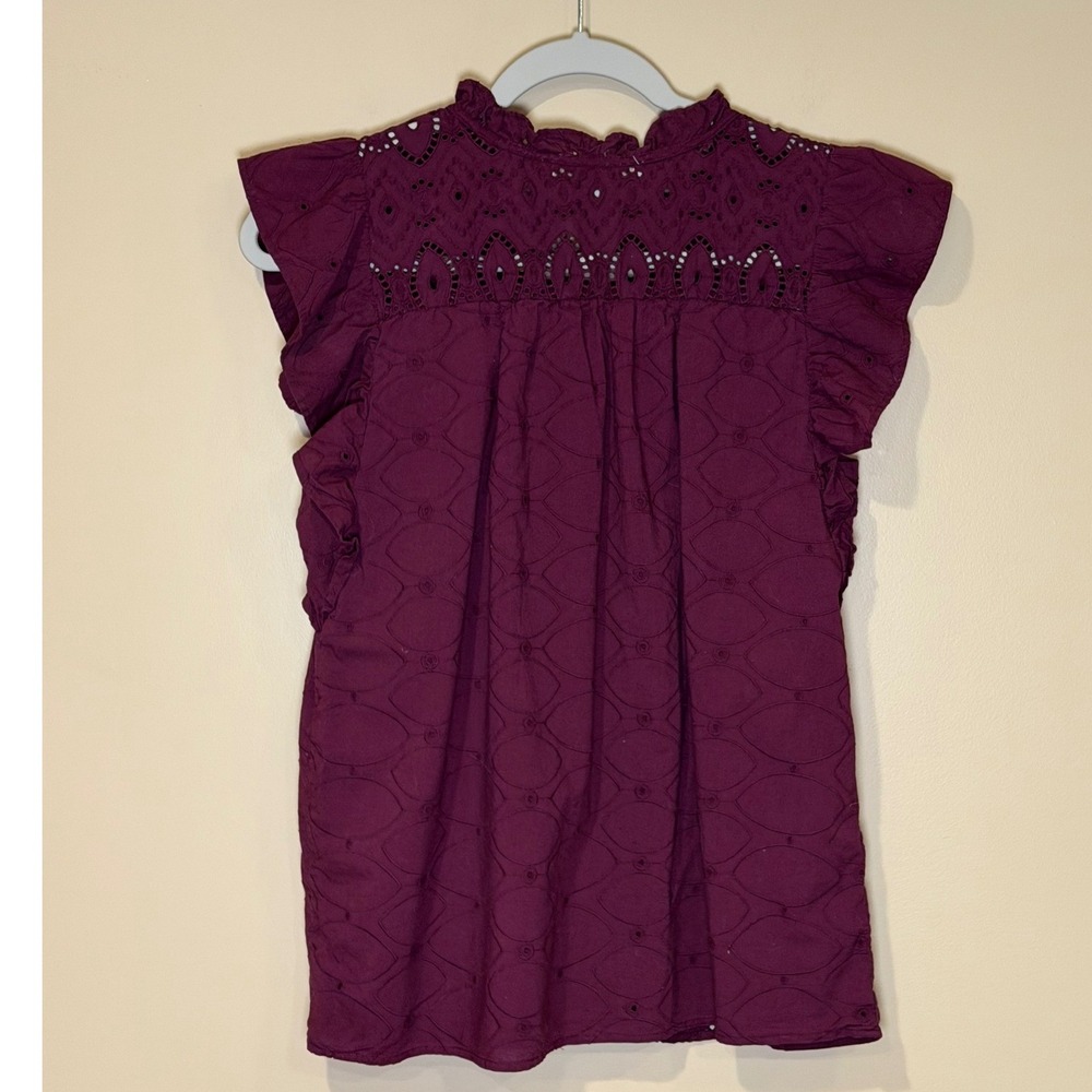 LOFT Womens Blouse Plum Small Eyelet Ruffle Boho Peasant Top Cottagecore Summer - Picture 5 of 6